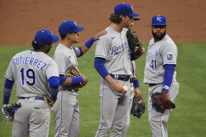 Jun 7, 2021; Anaheim, California, USA; Kansas City Royals starting pitcher Jackson Kowar (37) waits on the mound to be taken out of the game during the first inning against the Los Angeles Angels at Angel Stadium. Mandatory Credit: Kelvin Kuo-USA TODAY Sports